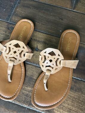 MICHAEL Michael Kors Tan Leather Cutout Medallion Thong Sandals